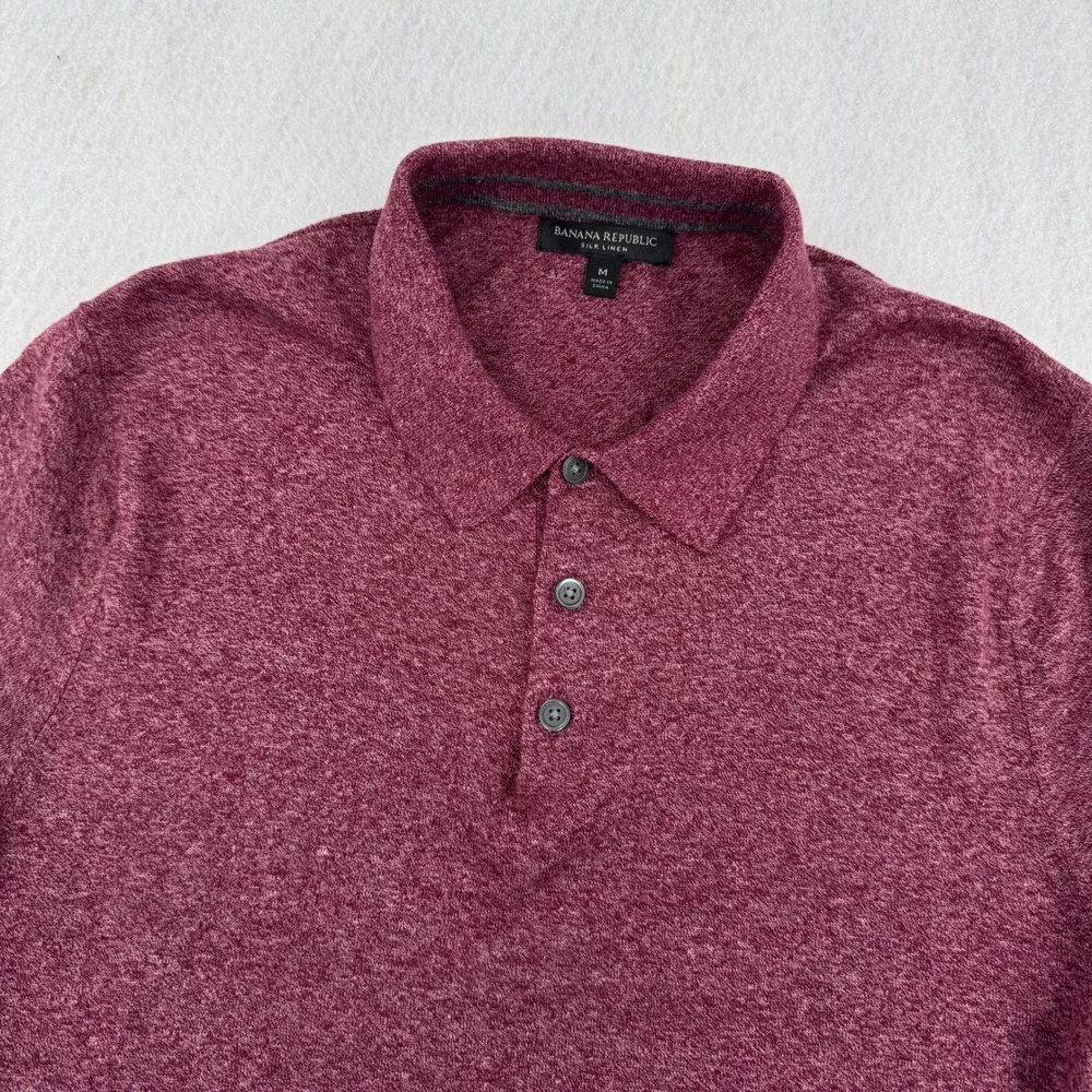 Banana Republic Mens M Silk Linen Knit Polo Shirt Burgundy Heather Lightweight